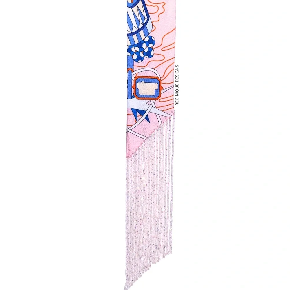 SeraBijoulet™ Handcrafted Silk Skinny Scarf with Beaded Fringe - Picture 2 of 7
